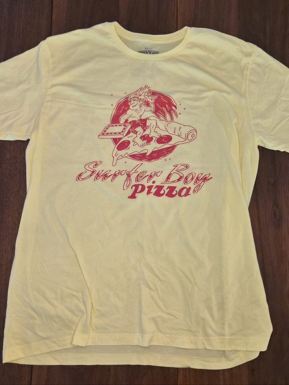 STRANGER THINGS Surfer Boy Pizza Graphic Tee - Yellow, XL